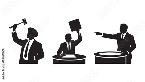 Auctioneer silhouette set vector illustration of auction scene with gavel bidder and auctioneer isolated on white background