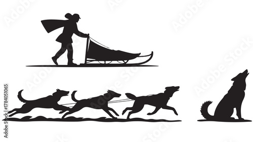 Silhouette of a musher with dog sled a team of sled dogs running and a howling wolf vector illustration isolated on white