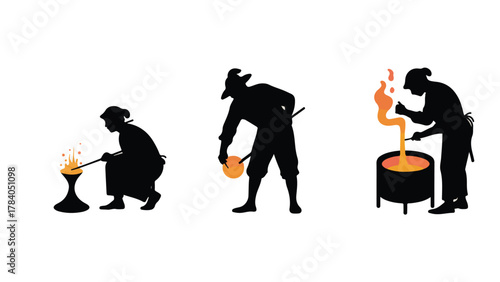 Silhouetted figures working with molten metal vector illustration of blacksmithing and metal casting isolated on white background