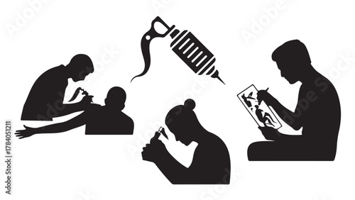 Tattoo artist silhouette vector set tattooing process and equipment isolated on white background