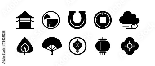 Minimalist Asian culture icon set with clean line symbols: horse, pagoda, lucky horseshoe, lantern, coin, and fan. Elegant vector design for 2026 New Year.