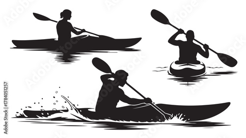 Kayaking silhouette vector illustration featuring people paddling in kayaks perfect for outdoor adventure and recreational designs
