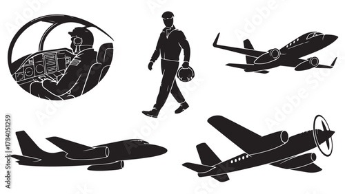 Set of airplane silhouettes vector illustration of various aircraft isolated on white background