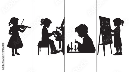 Silhouettes of children engaged in creative and intellectual activities including playing violin piano chess and solving math problems on a blackboard vector illustration
