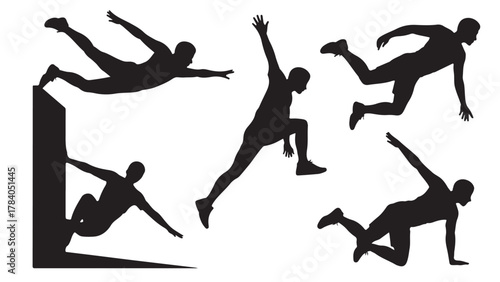 Set of parkour athlete silhouettes performing various acrobatic jumps and movements vector illustration isolated on white