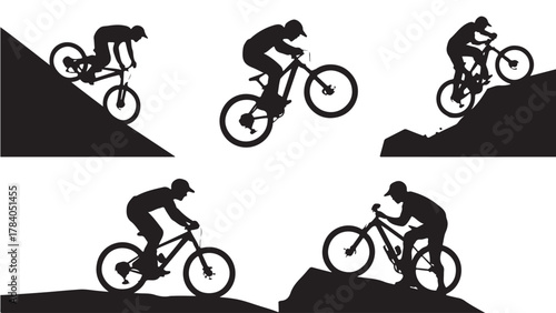 Mountain biker silhouettes collection riding on hills and rocks vector illustration for extreme sports and outdoor adventure designs