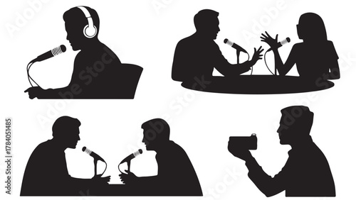 Set of podcasting silhouette icons vector illustration of people recording audio or video isolated on white background