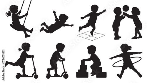 Silhouette of children playing vector illustration of kids on a swing scooter hopscotch and with a ball isolated on white