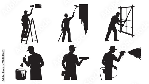 Set of construction worker silhouettes painting and repair work vector illustration isolated on white background