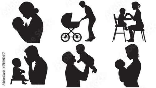 Silhouette vector set of parents with babies showing tender moments and care for family and parenting concepts