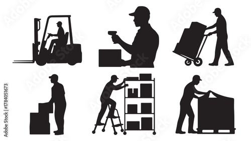 Set of warehouse worker silhouettes vector illustration of people working in logistics and distribution isolated on white background