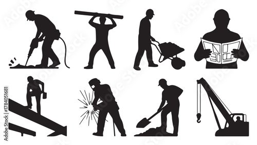 Construction worker silhouette icons set of vector glyphs showing various construction activities isolated on white background