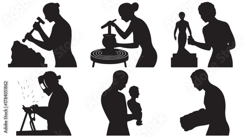 Set of silhouette icons showing various artistic activities including sculpting pottery painting and music vector illustration isolated on white