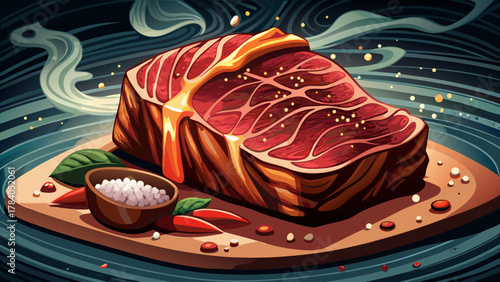 Very beautiful close-up of thick picanha steak being seasoned with salt and black pepper, featuring detailed textures, rich meat color, and a realistic gourmet cooking scene.