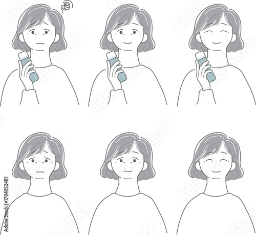 化粧品の瓶を持ったいろいろな表情のシニアの女性のイラスト素材セット