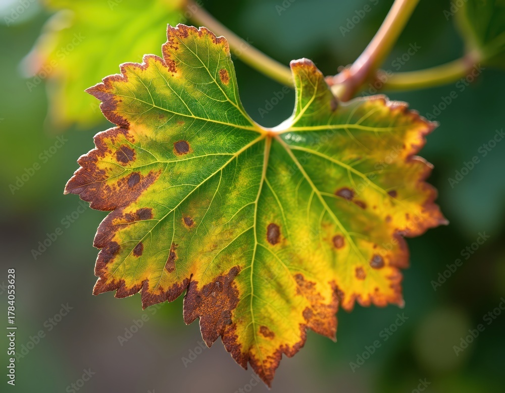 Naklejka premium Close up photo shows damaged grapevine leaf. The leaf displays signs of fungal disease. Leaf has brown yellow spots on surface. The vine leaf is affected.