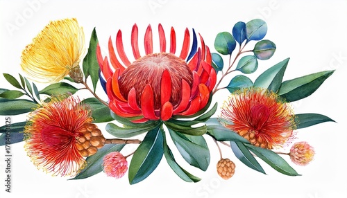 Australia Native Flowers Floral Decor Watercolor Illustration On White Background Hand Drawn Australian Flora Decoration Design Element With Waratah Flower Gum Tree Leaves Golden Wattle