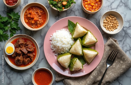 Indonesian rice cakes called ketupat served with savory meat stew and boiled egg. Various small bowls contain vegetables sauces and crunchy bites. This festive meal is ideal for celebration.
