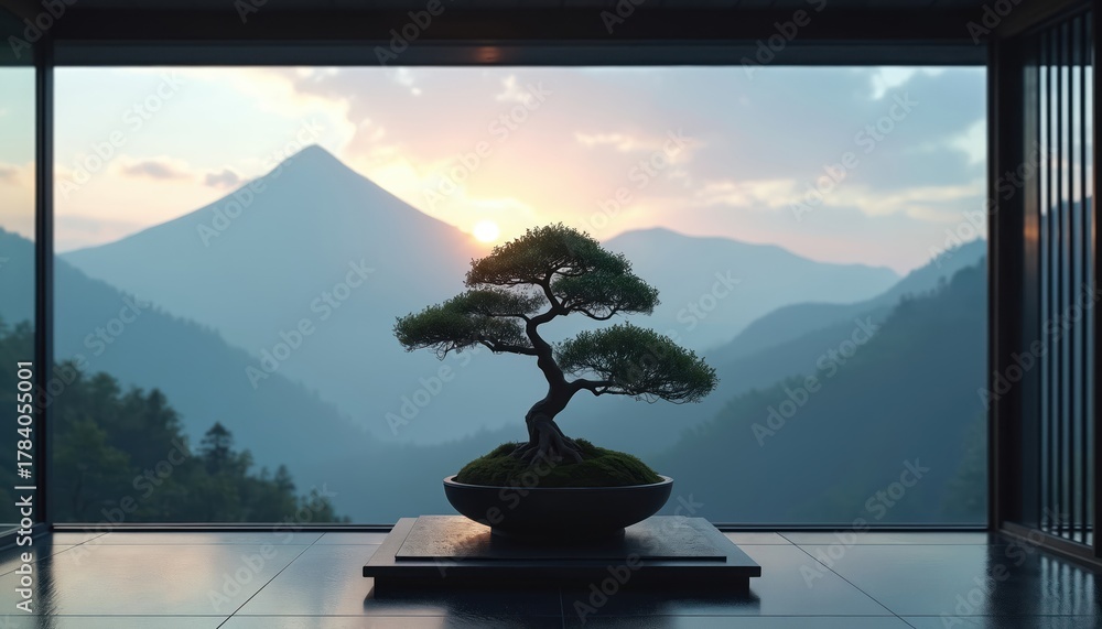 Fototapeta premium Minimalist room interior overlooks misty mountains at sunrise with single bonsai tree as centerpiece. Peaceful morning light streams in, casting gentle shadows on floor. Quiet moment of contemplation.