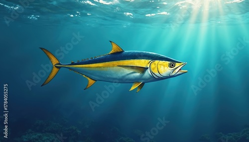 Fototapeta Naklejka Na Ścianę i Meble -  Yellowfin tuna swims in sunlit ocean depths. This large predatory fish has a streamlined body and distinctive yellow fins. It navigates clear blue water near a coral reef.