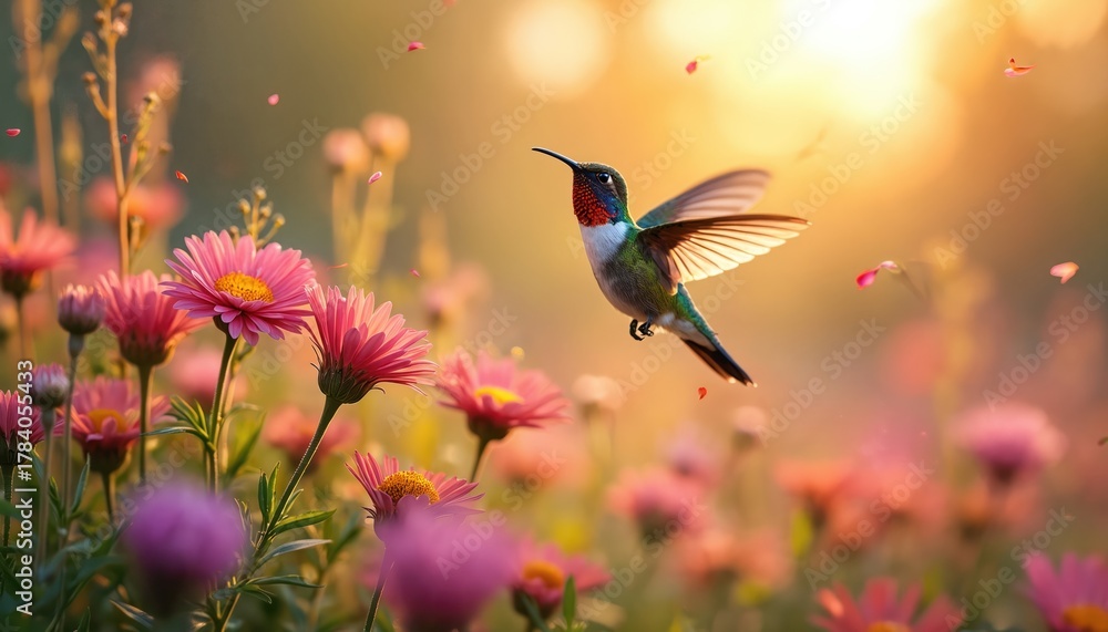 Fototapeta premium Hummingbird flies in garden above pink flowers. Bird hovers among wildflowers drinking nectar at sunset. Floral meadow with exotic beauty. Animal flies at light scene among flora.