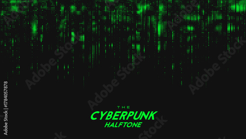 Abstract vector green cyberpunk halftone sound wave. Scrathed dotted texture element.