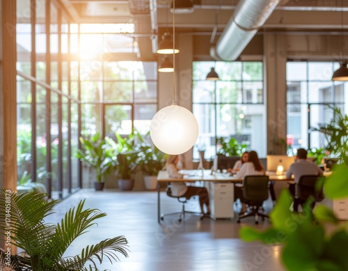 A modern office interior with people working at desks surrounded by green plants and large windows. Perfect for business, workplace, or corporate designs.
