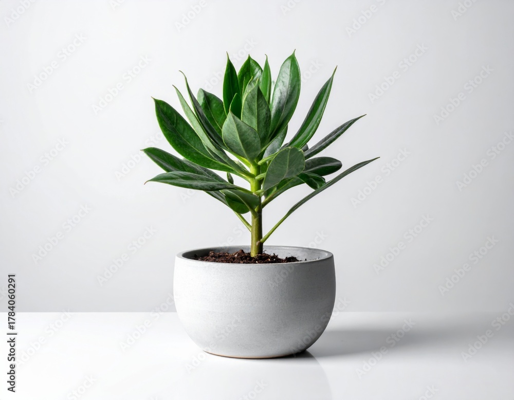 Obraz premium Potted Green Plant with Lush Foliage in White Ceramic Container Against White Background