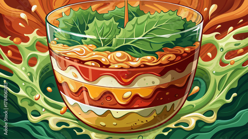 Very beautiful close-up of spoiled salad dressing separating into thick and watery layers, featuring detailed textures, contrasting colors, and a realistic food science visual effect.