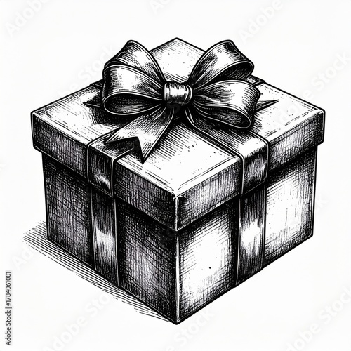 Detailed Sketch of a Square Gift Box with Bow on White Background