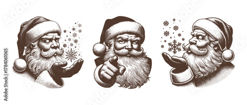 Santa Claus Blowing Snowflake And Pointing Finger – Vintage Christmas Vector Set Engraving Sketch Collection