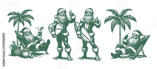 Santa Claus On Summer  Beach With Cocktail And Surfboard – Vintage Christmas Vector Set Engraving Sketch Collection