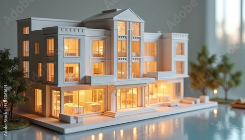Fototapeta Naklejka Na Ścianę i Meble -  Hotel architectural model displayed. Building features bright rooms, white facade. Displays modern design, urban planning. Project miniature presents residential estate with downtown elements.
