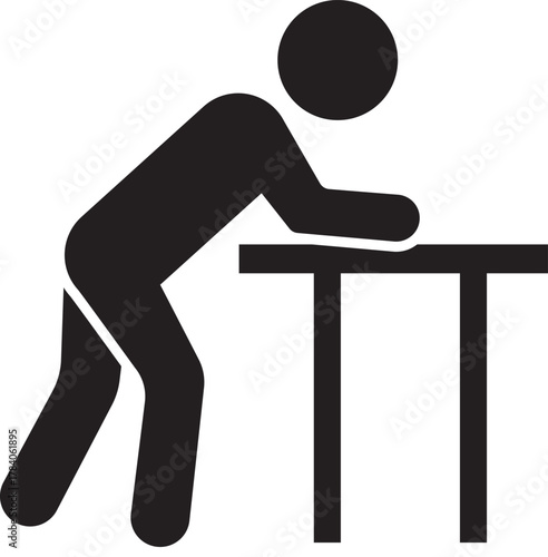 Exhausted stick figure icon leaning on a railing