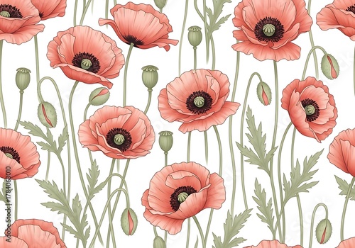 Artistic wallpaper showcases a repeating pattern of charming poppy flowers