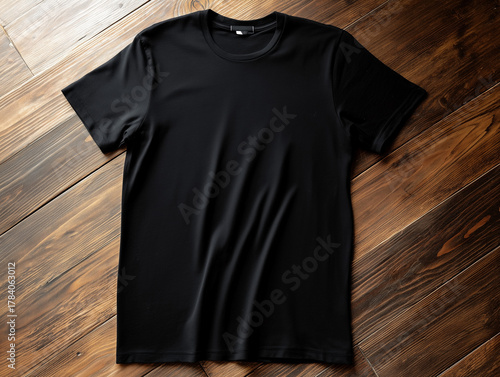 Stylish black t-shirt for casual wear, online store apparel photography minimalist style top view fashion concept