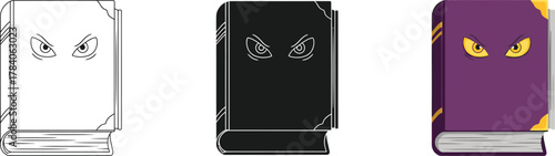 Mystical ancient magic spellbook with ominous glowing eyes on cover, showing line art, silhouette, and colored versions, ideal for fantasy, mystery, and occult projects