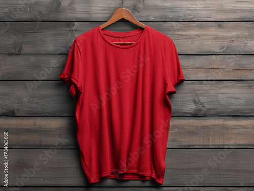Stylish red t-shirt for casual wear, online store apparel photography minimalist style top view fashion concept