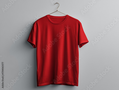 Stylish red t-shirt for casual wear, online store apparel photography minimalist style top view fashion concept