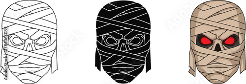 Collection of stylized vector mummy heads in outline, solid, and colored variations with glowing red eyes, perfect for halloween, horror, and ancient egypt designs.