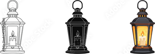 Classic metal lantern with a glowing candle inside, presented in three styles: outline, solid silhouette, and vibrant color for diverse design needs.