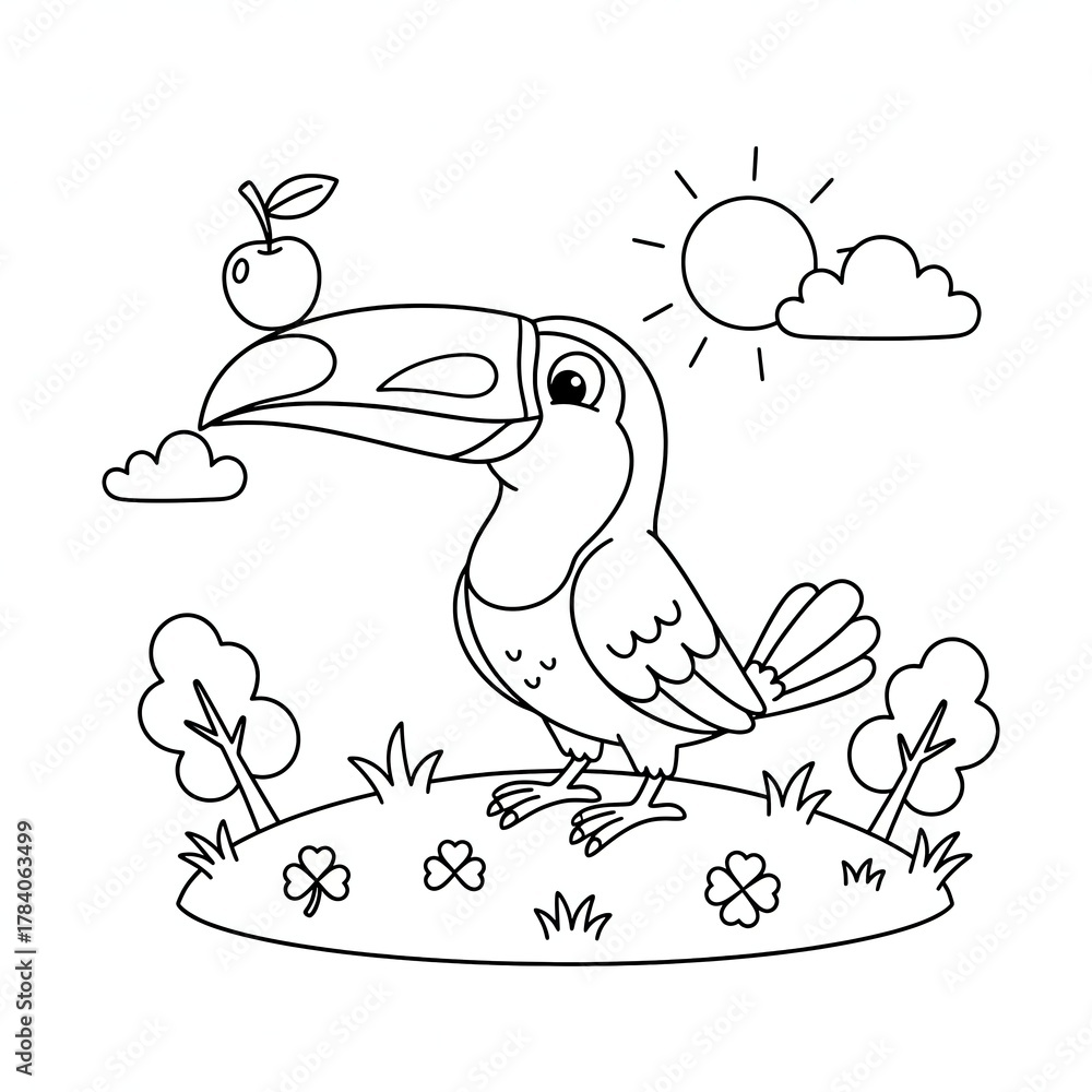 Naklejka premium Cartoon toucan standing on grass with an apple sun and clouds