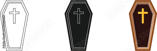 Collection of three diverse coffin icons with religious cross symbols, depicting themes of death, funeral, burial, and remembrance, in outline, solid, and realistic styles.