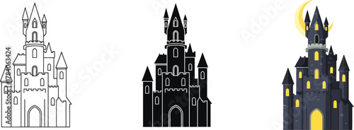 Fantasy castle illustration set: outline, silhouette, and illuminated by a crescent moon. perfect for fairy tales, spooky themes, halloween, medieval designs, and game assets
