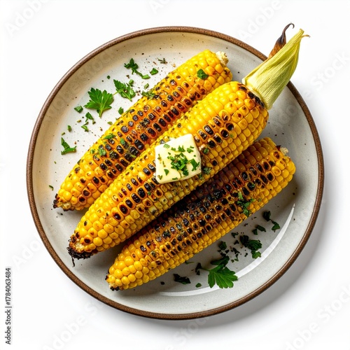Grilled Sweet Corn on Plate with Butter and Herbs Overhead View