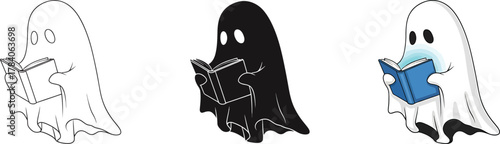 Collection of friendly cartoon ghosts engaged in the act of reading books, depicting learning, knowledge, and educational concepts for halloween or academic themes.