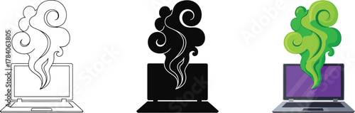 Laptop with green smoke or fumes emanating from screen, illustrating critical system failure, virus infection, cyber threat, or severe overheating issue.