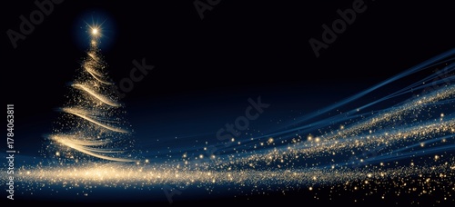 a blue background with a golden, glittering christmas tree, stars, and lights on it, beautiful and shiny shiny, golden light trails Generative AI