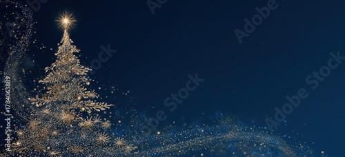 a golden christmas tree is depicted on the left side of an elegant blue background, with glittering stars and sparkles swirling around it Generative AI