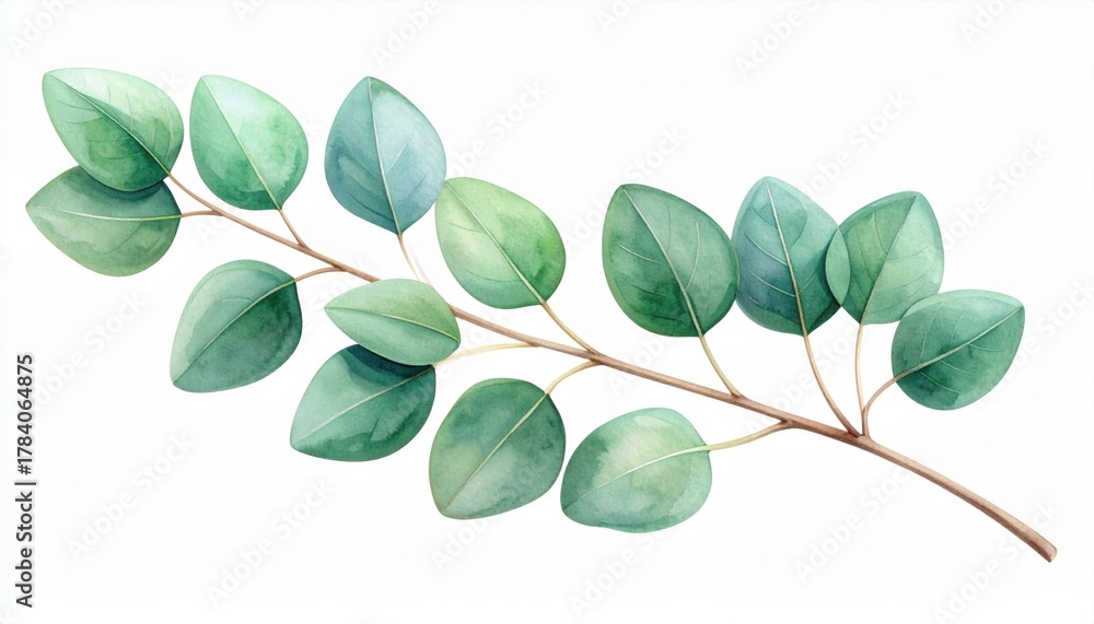 Fototapeta premium Watercolor Eucalyptus Branch with Green Leaves on White Background